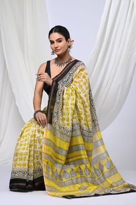 Hand block printed chanderi silk Sarees with blouse