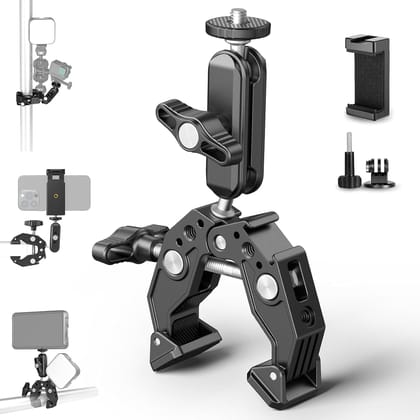 Adofys Action Camera Mount, Insta 360 Bike,Super Clamp Mount with 1/4''&3/8'' Screw,360° Double Ballhead Magic Arm with Mobile Holder and Adapter for Gopro, Insta 360 and All Mobile Phones Black
