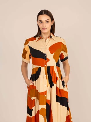 Rayon Printed Puff Sleeve A Line Shirt Dress-M
