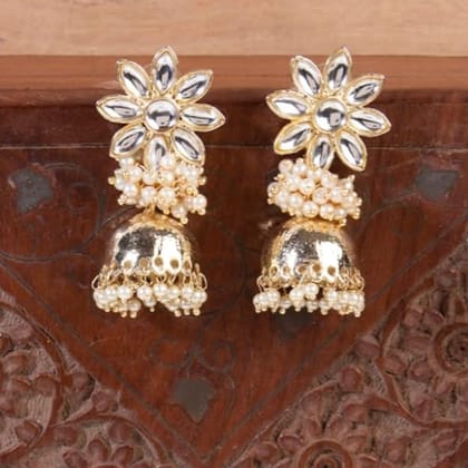 Gold-Plated  White Jadau Dome Shaped Jhumkas
