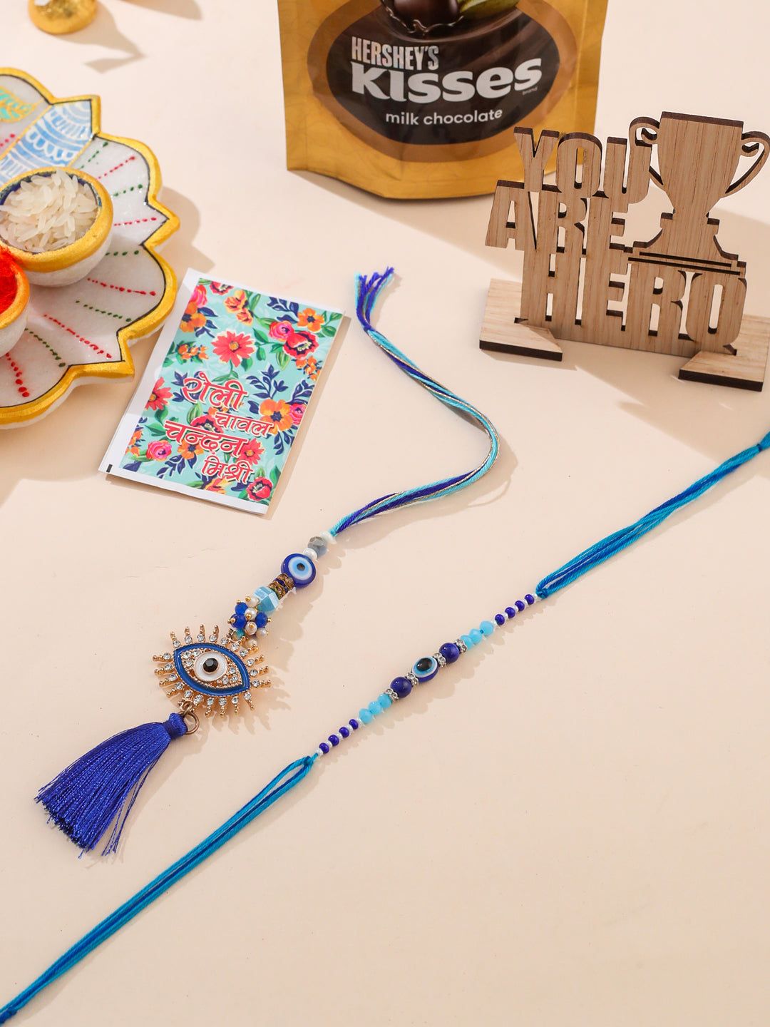 NVR Set of 2 Blue Evil Eye Artificial Stones & Beads Bhaiya Bhabhi Rakhi Combo-One Size / Blue