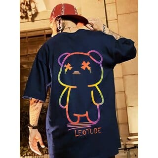 Leotude Men Navy Printed Cotton Blend T-Shirt