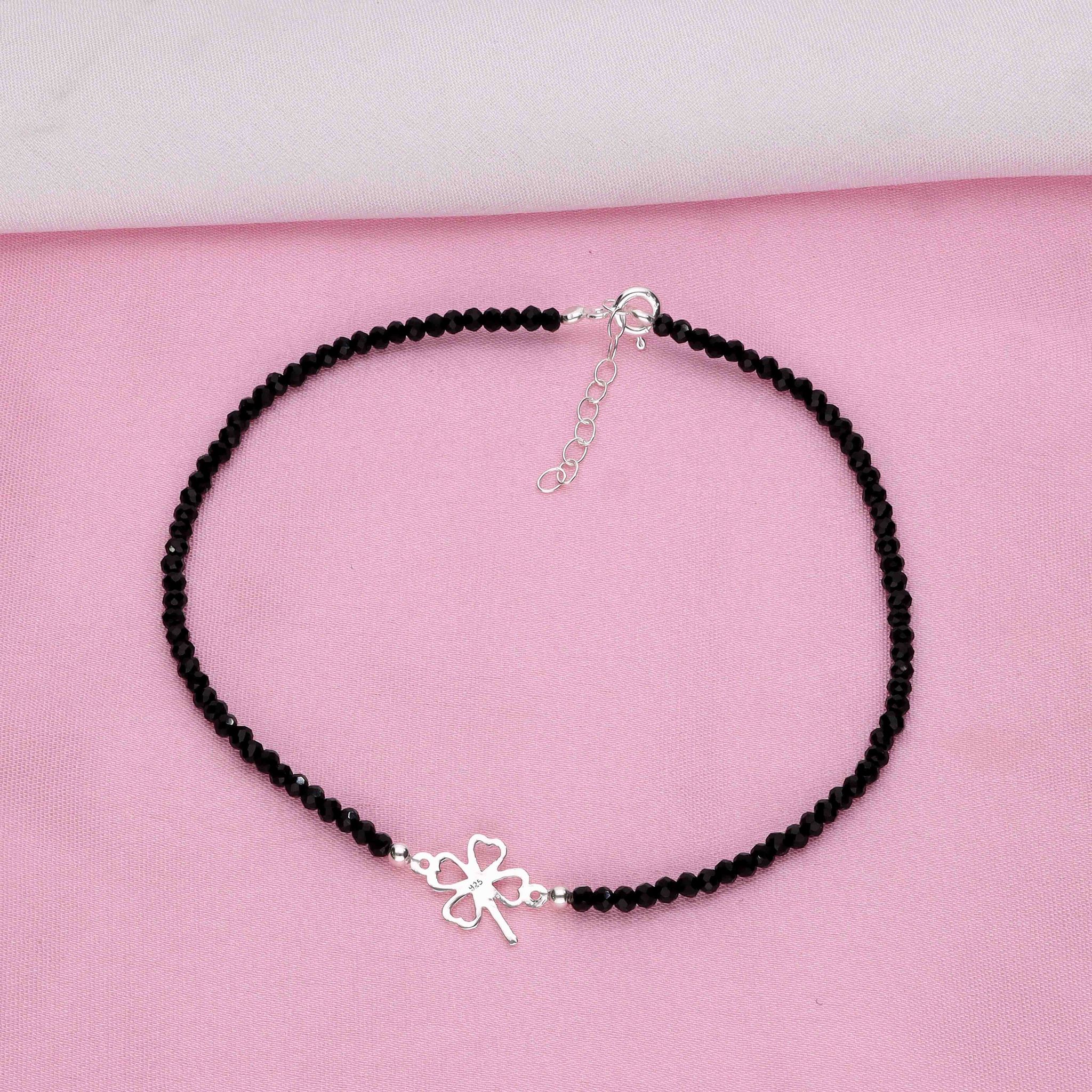 Sterling Silver Black Beads Flower Anklet-None / Silver
