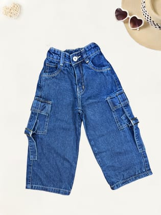Girls Cargo Wide Leg Jeans [GJ-864] (3-11Years)-3-4Y (Size - 22) / Blue / Denim