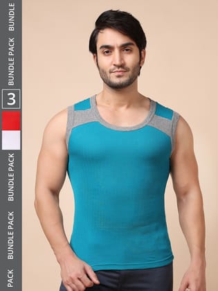 Men's Assorted Pack of 3 Solid Combed Cotton Racerback Styled Gym Vest Men's Assorted Pack of 3 Solid Combed Cotton Racerback Styled Gym Vest