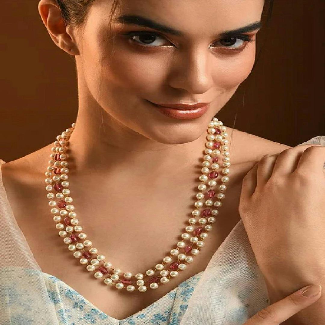 Pink White Beaded Layered Necklace with Pearls - MS355