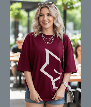 Leotude Women Cotton Blend Printed Oversized Fit Round Neck T-Shirt ( Maroon )