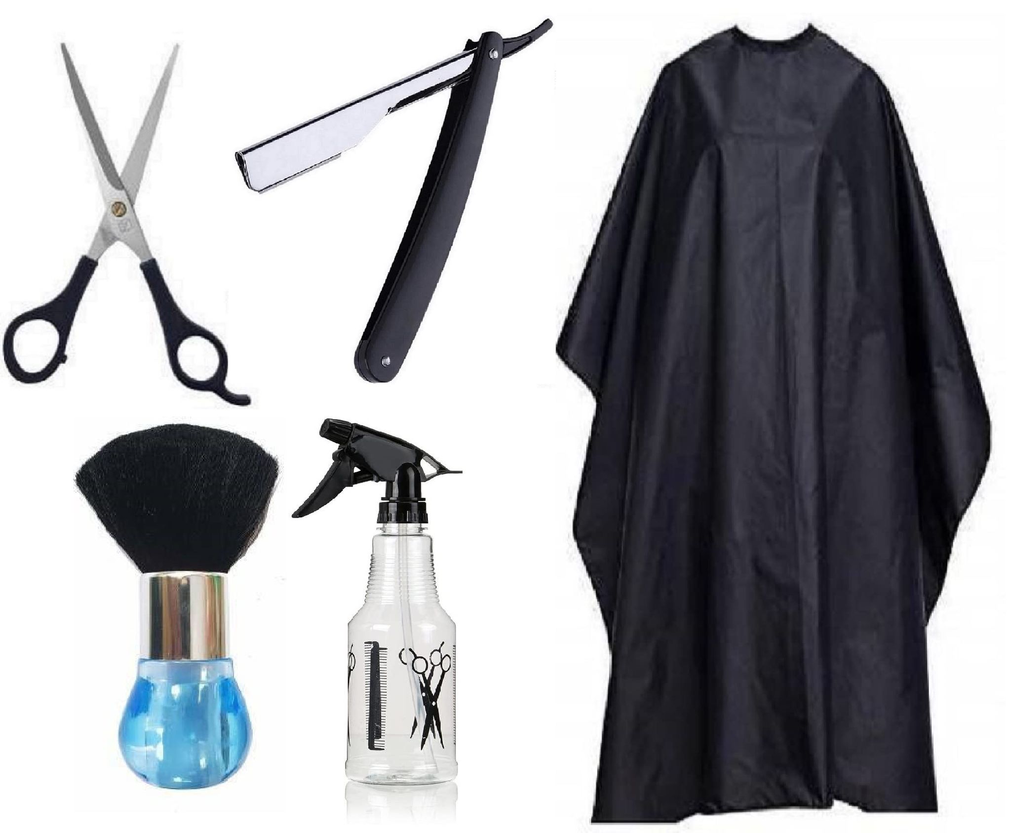 Elecsera Complete Barber Combo tools for home and saloon use, Hair cutting Sheet, Hair styling Scissor, Neck Face Duster Brush, Razor, Spray Bottle- Men, Women and Kids (5 Items in the set)