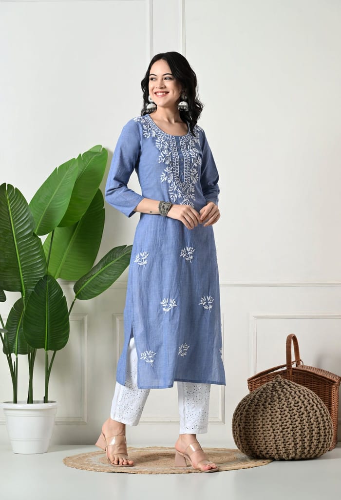 "Hand Embroidered Chikankari & Cut Dana Work Denim Cotton Kurta Set with Tie-Dye Dupatta "