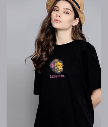 Leotude Women Cotton Blend Printed Oversized Fit Round Neck T-Shirt ( Black )