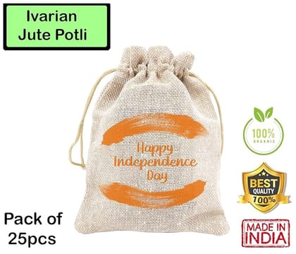 IVARIAN - Jute Potli Bag, Festival Gifting Bag, Return Gifting Bag (13x18cm set of 25, Happy Independence Day)