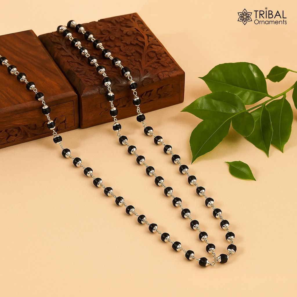 Handmade 925 Sterling silver gorgeous black beaded Nazariya chain for girls and kids ch598