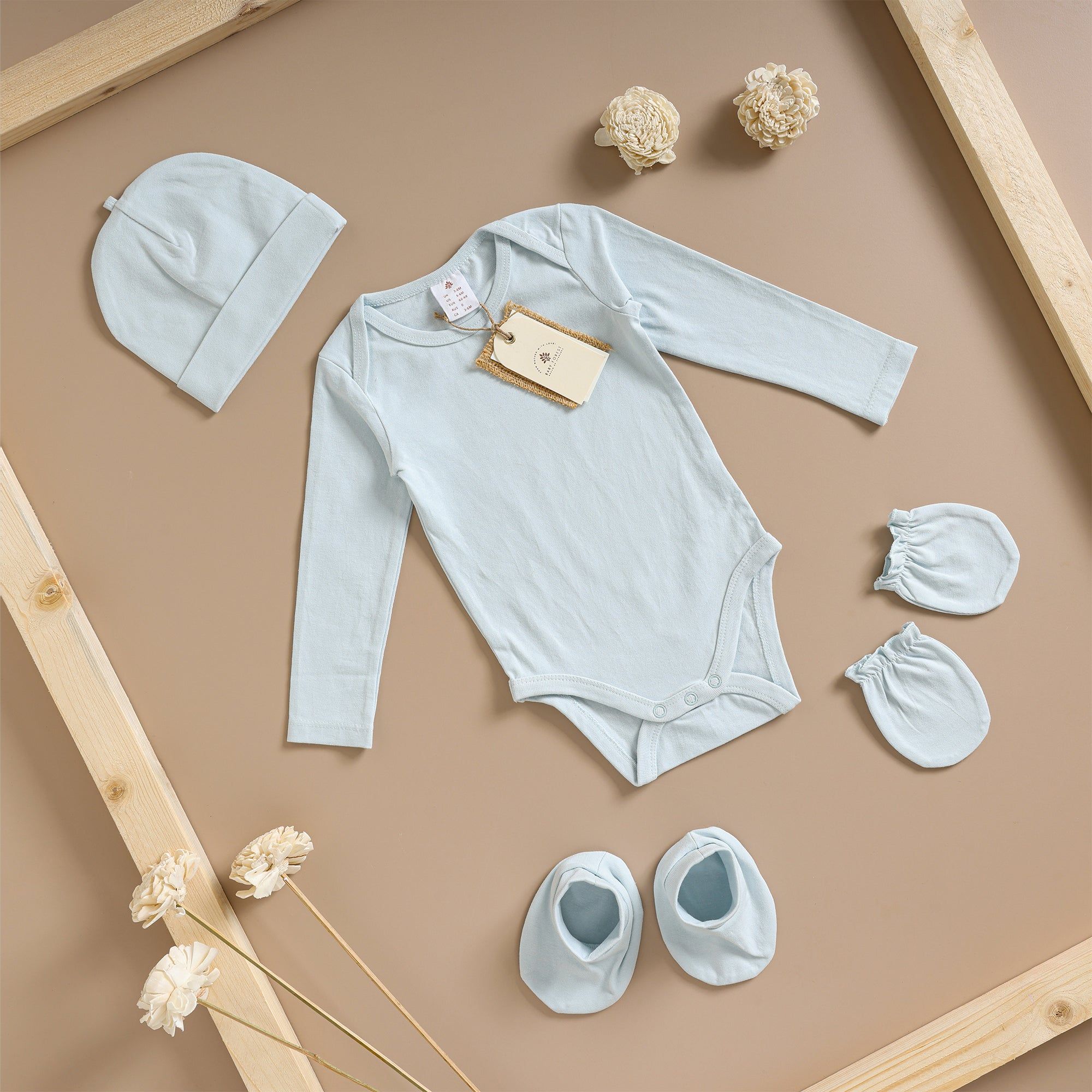 Poshaak Baby Bodysuit Set-Morning Mist / 3-6 months with Cap Mittens and Booties