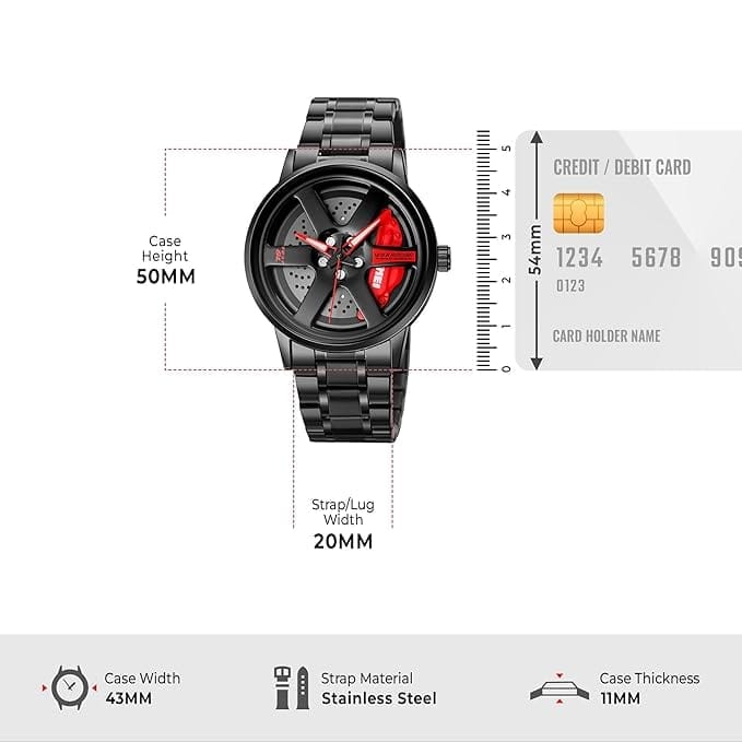 Men's Spinning Car Wheels Rolling Creative Fashion Watches for Men, Analog Watch Black Dail Zink Alloy Case Men's Watch, Black Color Stainless Steel Band, Rolling Wheel Gift Wristwatch - 1787
