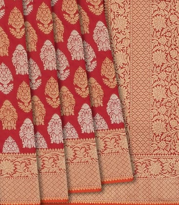 Red Handloom Banarasi Silk Saree With Floral Motifs & Vine Motifs in Border-Red-Red