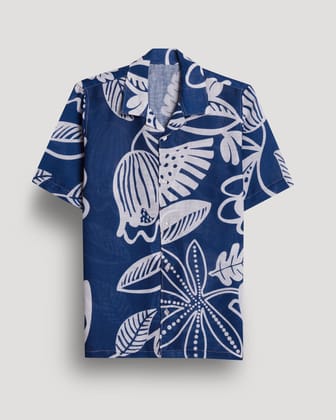 "Bold Elegance: Dark Blue Heavy Design Short Sleeve Shirt for Men by GlamaStitch"-S