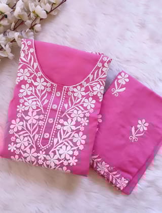 Cotton Thread Embroidery work Kurti Pant Set (Stitched)-Pink / M(38)