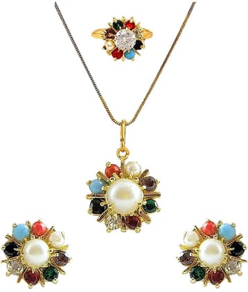 Pujvi Fashion AD gold  plated Navrattan Pendant set with Ring for womens and girls
