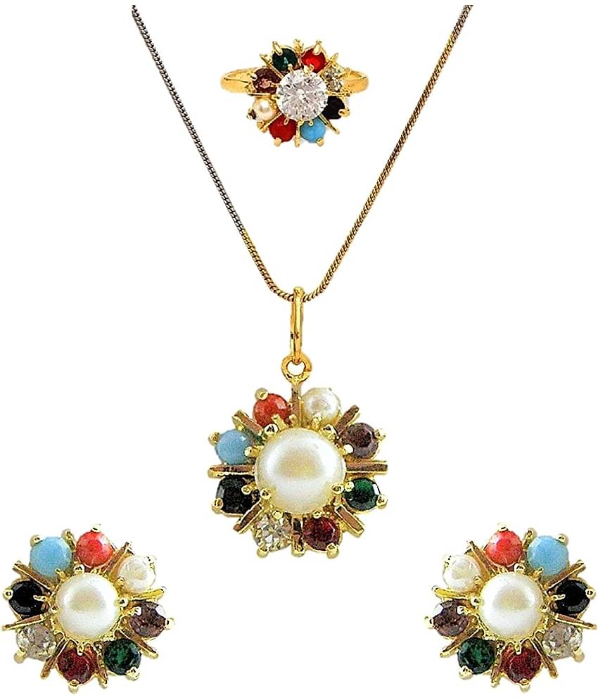 Pujvi Fashion AD gold  plated Navrattan Pendant set with Ring for womens and girls