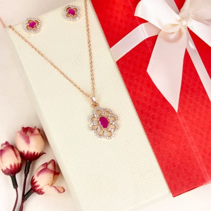 Women Rose Gold-Plated CZ Rani Pink Stone Pendants Set - SIA446775_B