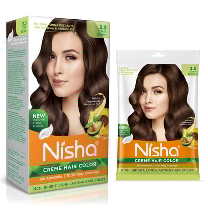 Nisha Creme Hair Color Combo Pack 3.0 Dark Brown (120g Box & 40g Pouch), Ammonia Free Permanent Hair Colour