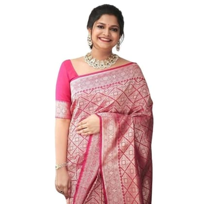 Women's Silk Printed Saree With Unstitched Blouse 5.5Mtr (Pink)-PID60341