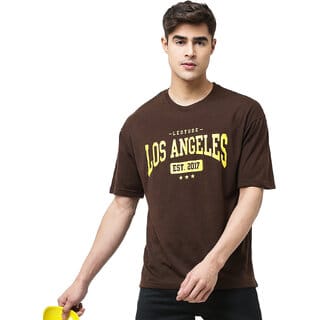 Leotude Men Brown Printed Cotton Blend T-Shirt