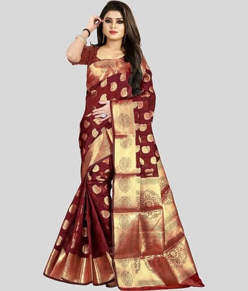 Gazal Fashions Banarasi Silk Printed Saree With Unstitched Blouse Piece ( Maroon )