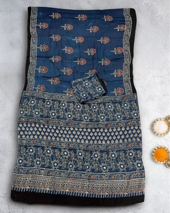 Heritage Hues Modal Silk Ajrakh Saree Icy Blue