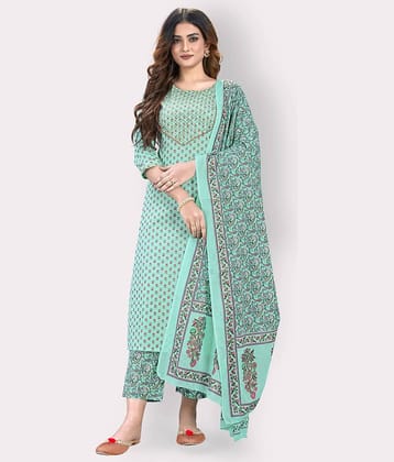 Vbuyz - Turquoise Straight Cotton Women's Stitched Salwar Suit ( Pack of 1 )