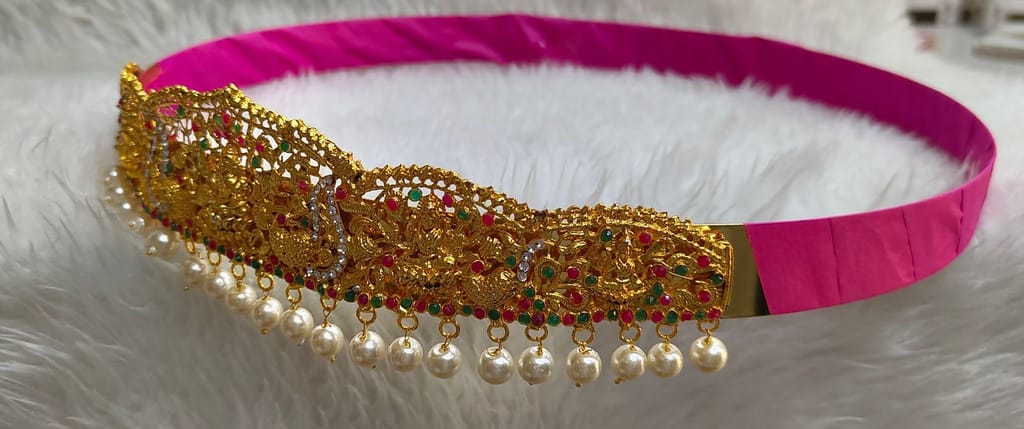 Traditional Indian Gold Plated Laxmi Devi Temple Kempu Stone Belt for Women
