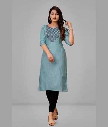 Parastri Cotton Embroidered Straight Women's Kurti - Blue ( Pack of 1 )