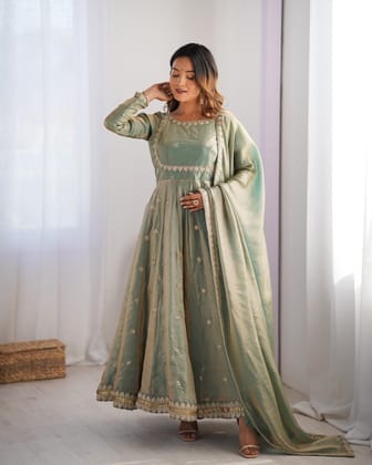 Beautiful Anarkali Gown Pent And Dupatta Coding With Sequence Work