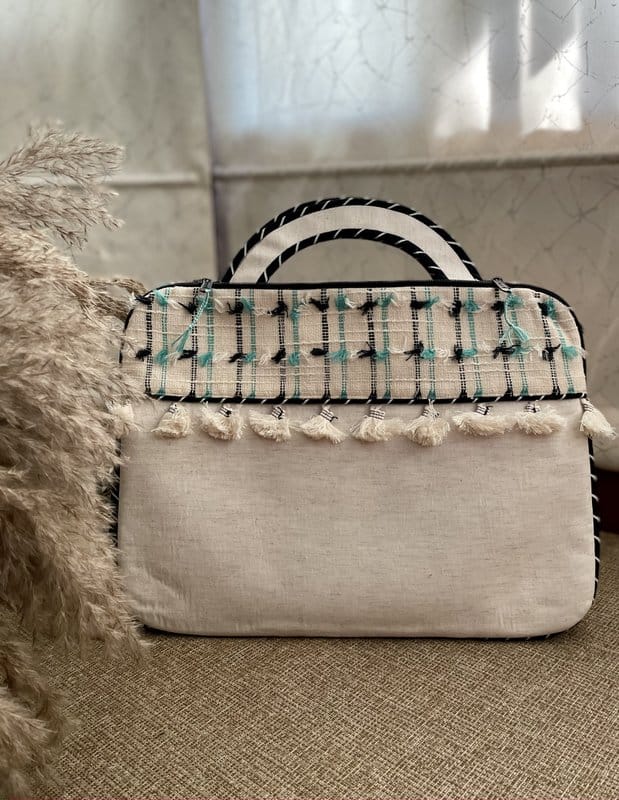 KRI India Distressed Blue & White Tasselled Laptop Cover|10.2 inches | Wash & Care | 100% Cotton | Handcrafted in India. 100% organic & natural.