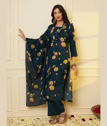Tissu Rayon Printed Kurti With Palazzo Women's Stitched Salwar Suit - Navy ( Pack of 1 )