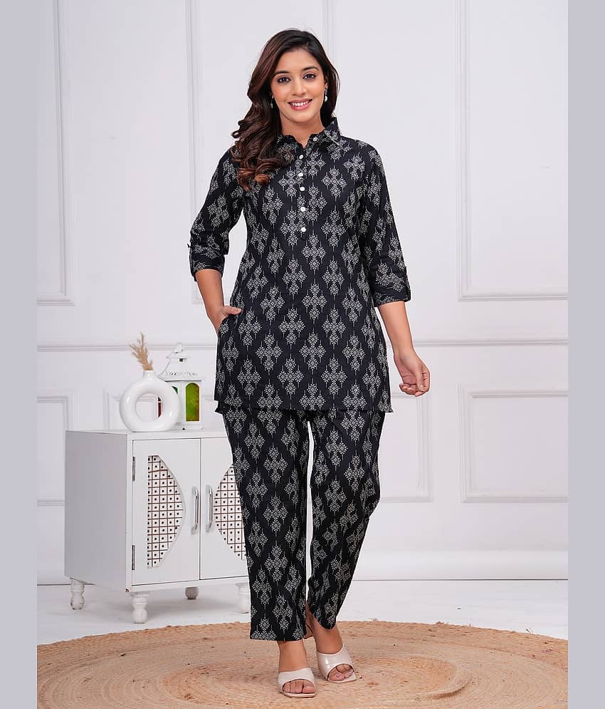 Nevisha Style Women Printed Tunic With Trousers Co-Ord Set ( Black )