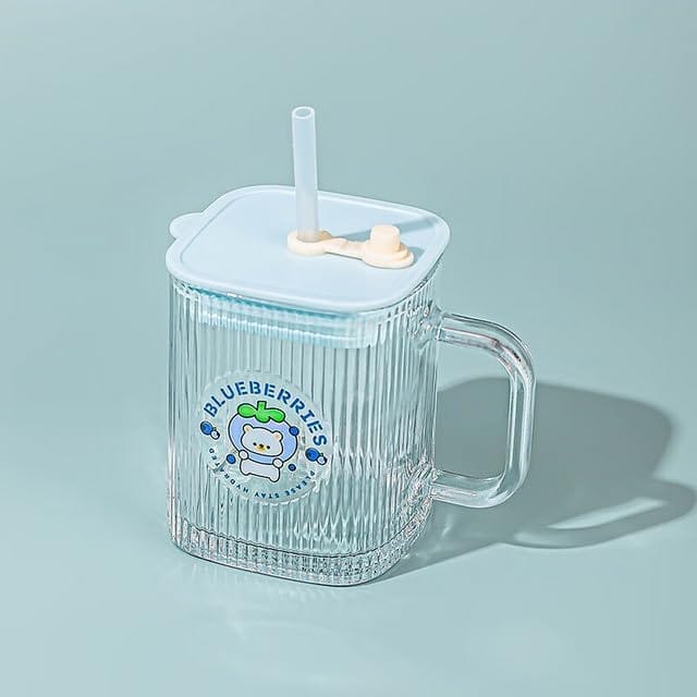 Drinking Glasses 400 ML Coffee Mugs with Handle Lid and Straw Tumbler Travel Sipper Cup for Milk Juice Cocktail Iced Tea Hot Cold Drink Kids Cup (Set of 1) Multi-Colour