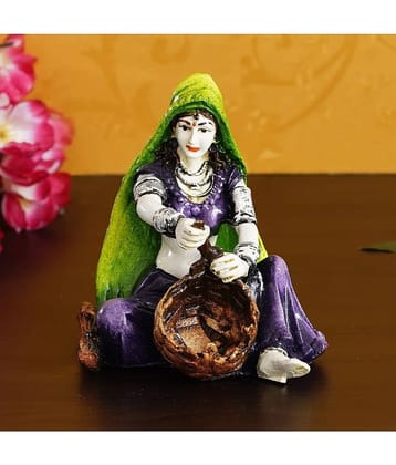 eCraftIndia Green & White Rajasthani Lady Creating Craft Product Handcrafted Showpiece