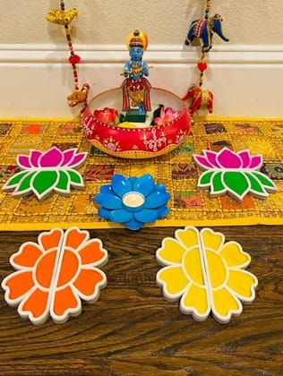 The Brown Box-Island Rangoli-Shree Yantra Flower Design Template, Rangoli Making kit with Colors and Glitter, Reusable, Portable, Floating, Readymade, Easy Rangoli Stencils, Diwali Decor.