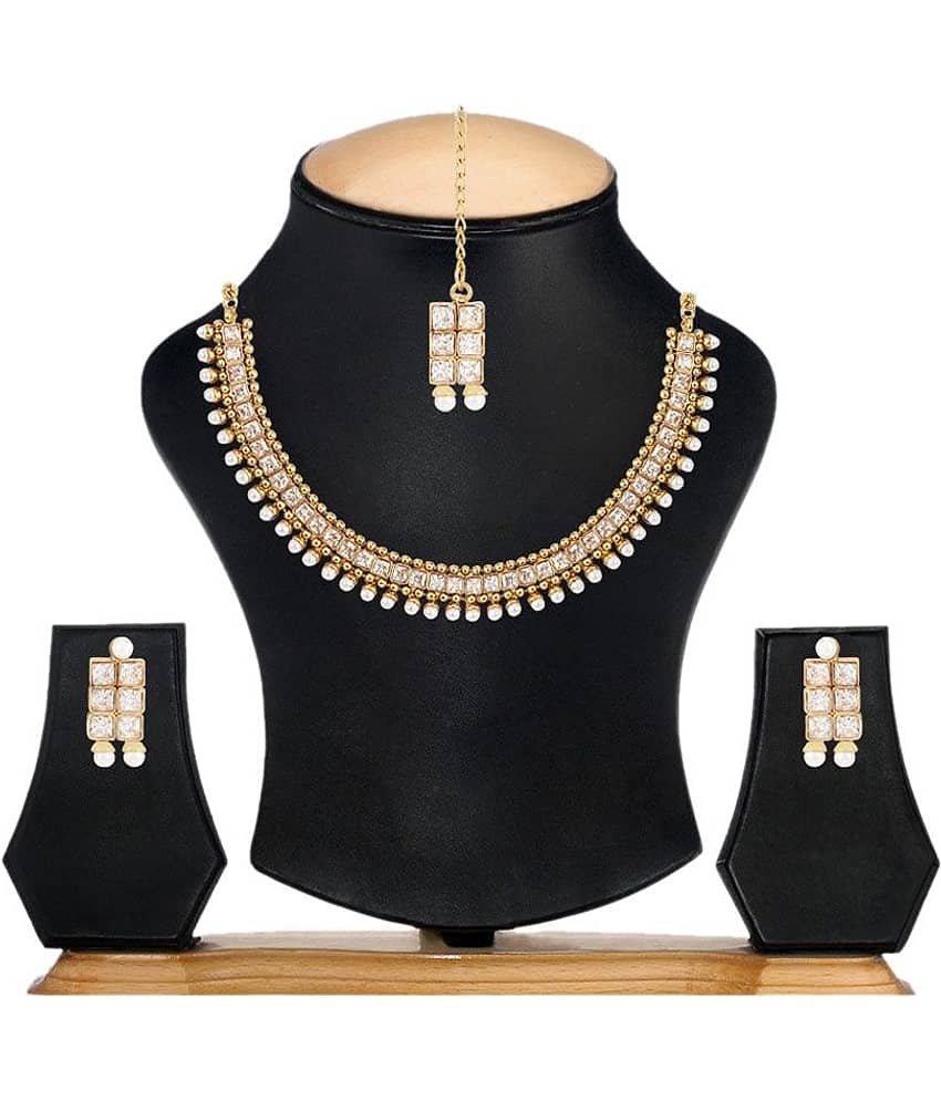 YouBella Traditional Pearl Temple Necklace Set with Earrings and Maang Tika for Women