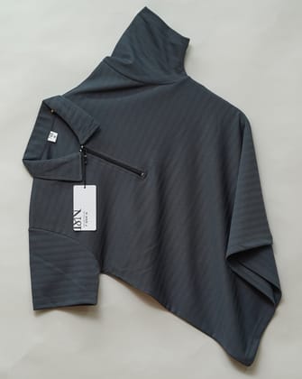 Dark Grey | Ottoman Rib Textured | Polo Zipper T-Shirt-M