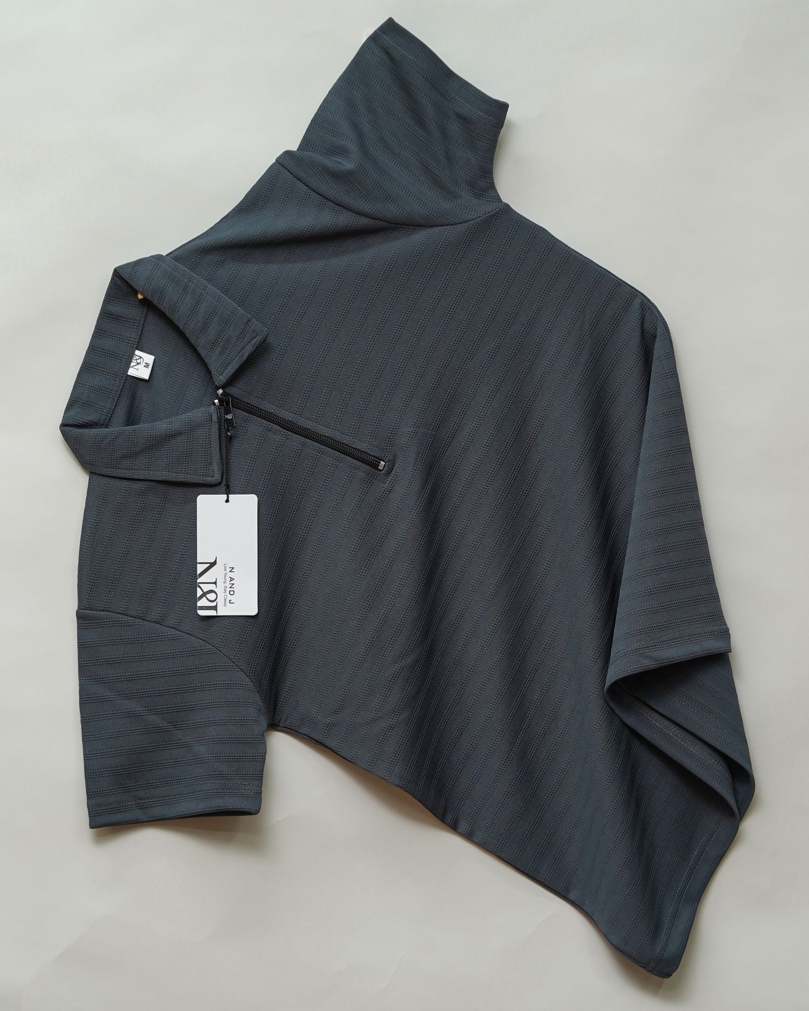 Dark Grey | Ottoman Rib Textured | Polo Zipper T-Shirt-M