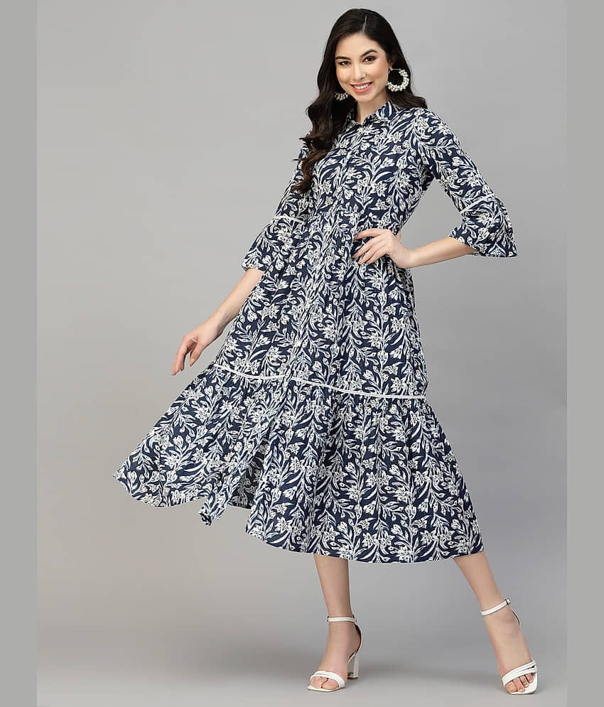 Stylum Women Cotton Printed Fit & Flare Dress ( Navy Blue )