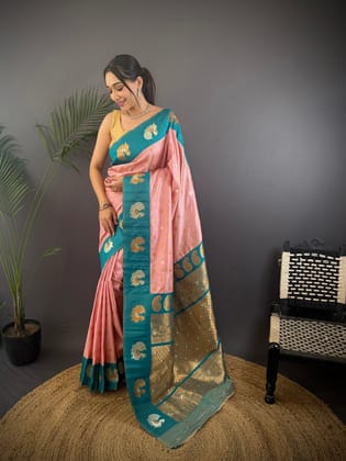 Light Pink Soft Silk Butti Zari Weaving Contrast Weaving Border Banarasi Saree