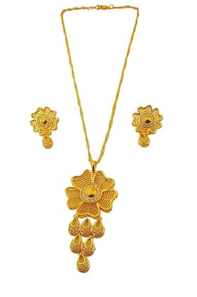 Gold Plated Floral Necklace Set with Earrings, Traditional Jewelry, Flower Design Pendant with Teardrop Danglers
