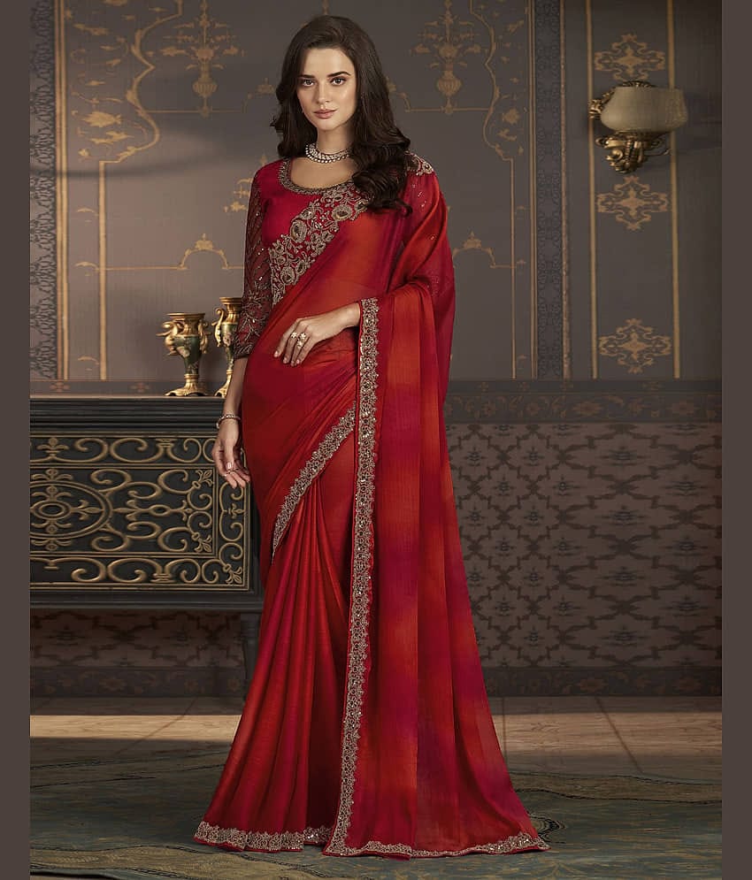 Samah Chiffon Printed Saree With Unstitched Blouse Piece ( Red )