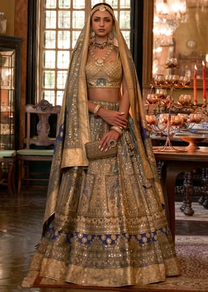 Golden And Blue Designer Lehenga Set