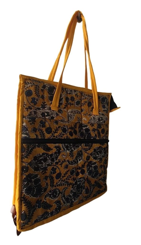 kalankari Handcrafted Ethnic Floral Print Cotton Tote Bag with Zipper Closure and Inner Pockets for Women