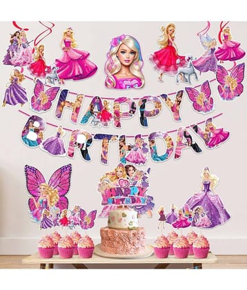 Zyozi ® Barby Princess Theme Birthday Decorations Combo / Princess Theme Decorations For Baby Girls Birthday - Banner, Cardstock Cutout, Swirls Hanging with Cake & CupCake Topper (Pack Of 24)