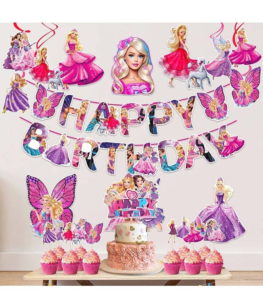 Zyozi ® Barby Princess Theme Birthday Decorations Combo / Princess Theme Decorations For Baby Girls Birthday - Banner, Cardstock Cutout, Swirls Hanging with Cake & CupCake Topper (Pack Of 24)